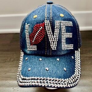 LOVE Rhinestone embellished, Red Hot lips, denim 100% cotton cap, velcro back